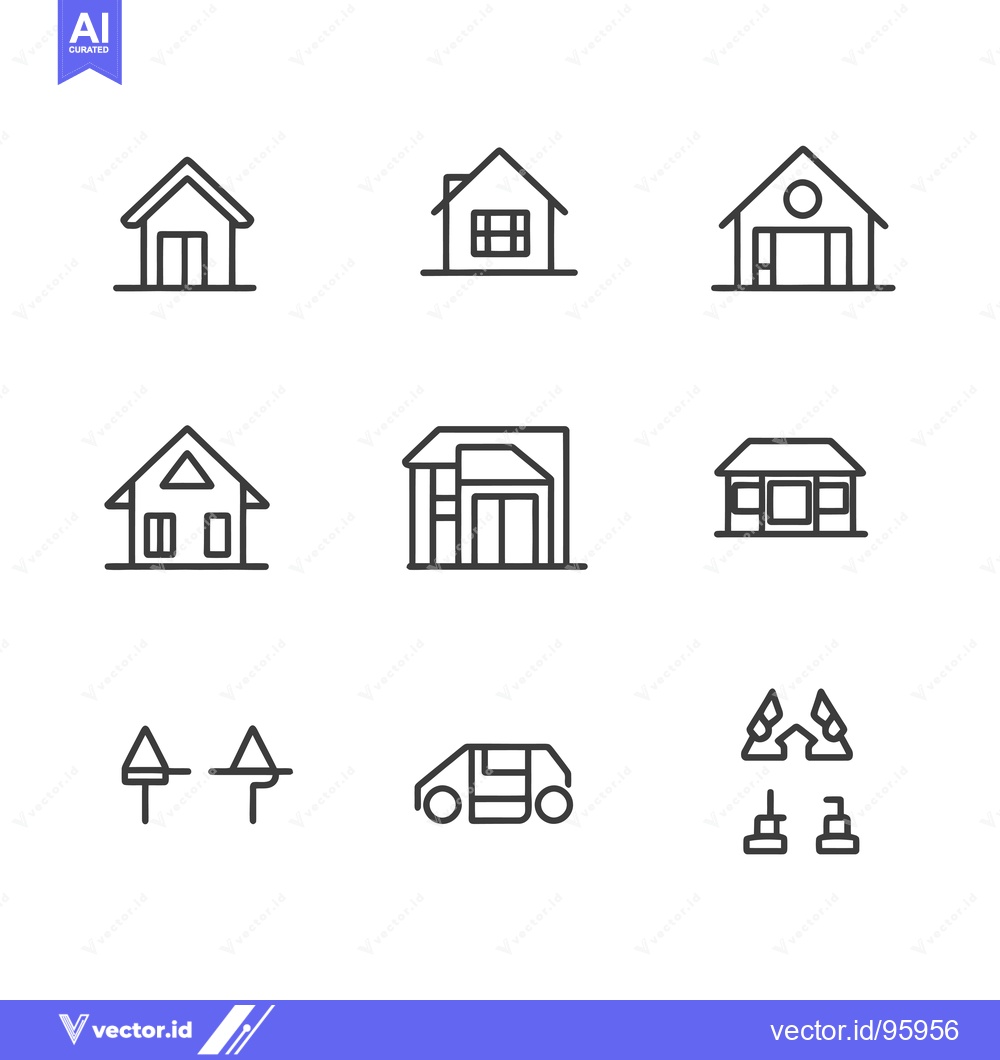Premium Vector dari Set of Nine Simple Line Drawings of Buildings, Vehicles, and Objects