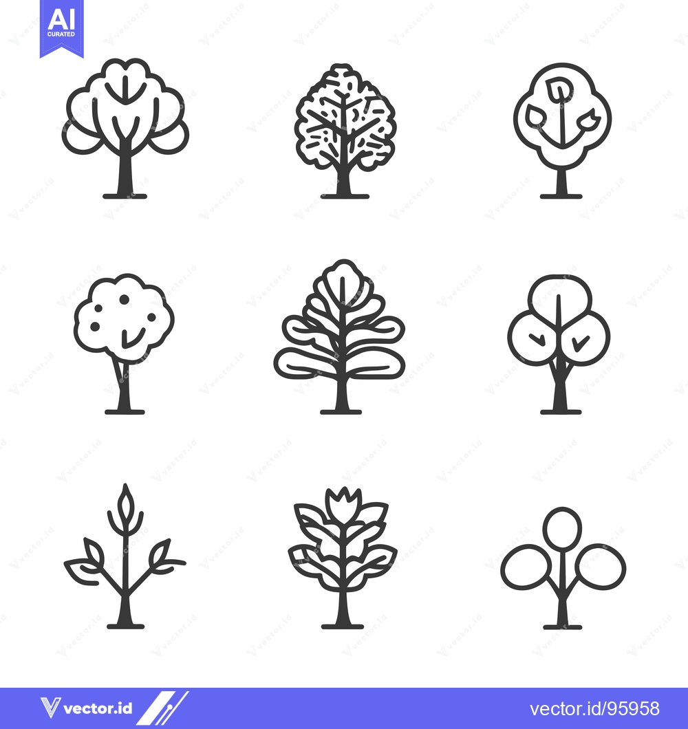 Premium Vector dari Set of Nine Simple Line Drawings of Trees