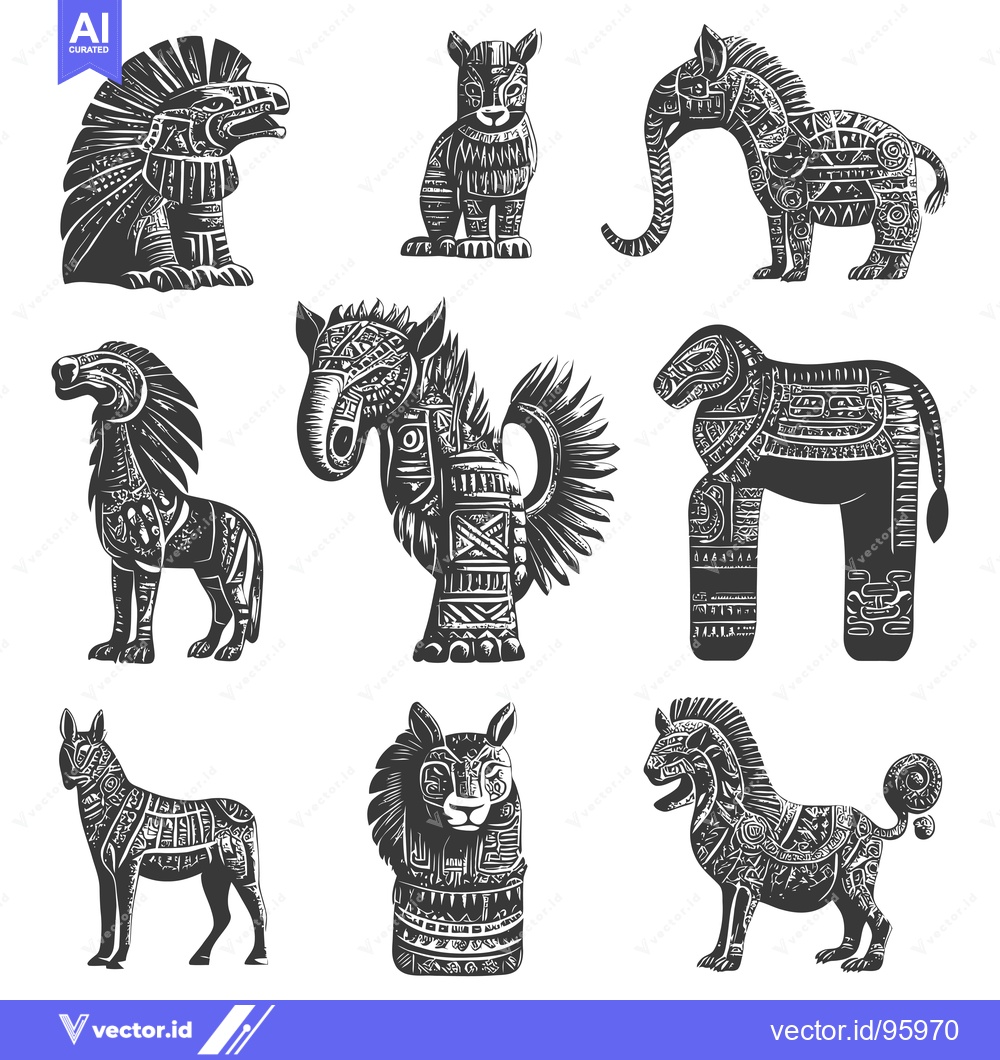 Premium Vector dari Set of nine stylized black and white animal figures with tribal patter