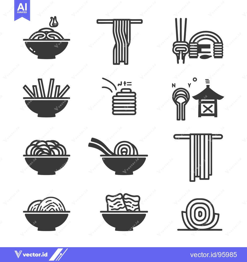 Premium Vector dari Set of Noodle Icons in Bowls, Hanging, and Stacks