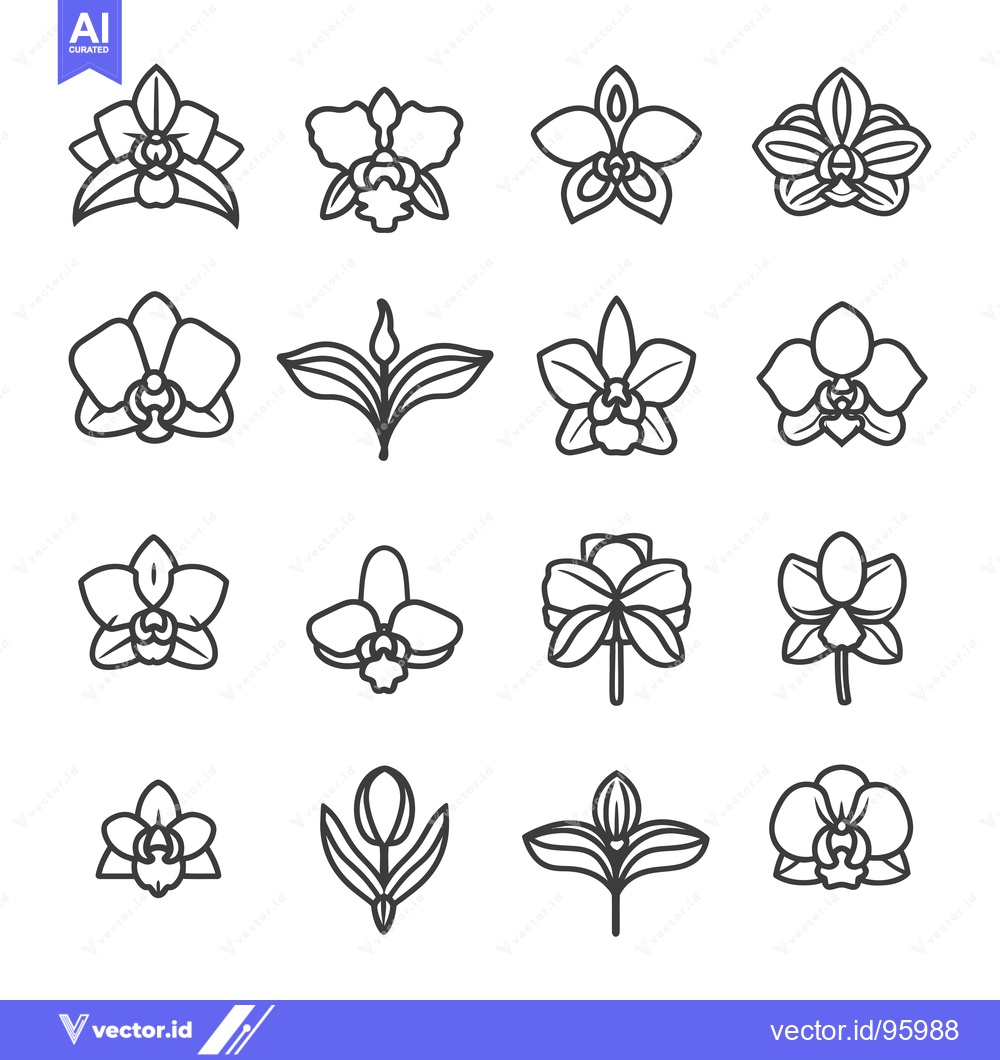Premium Vector of Set of Orchid Flower Line Icons with Different Views and Variations