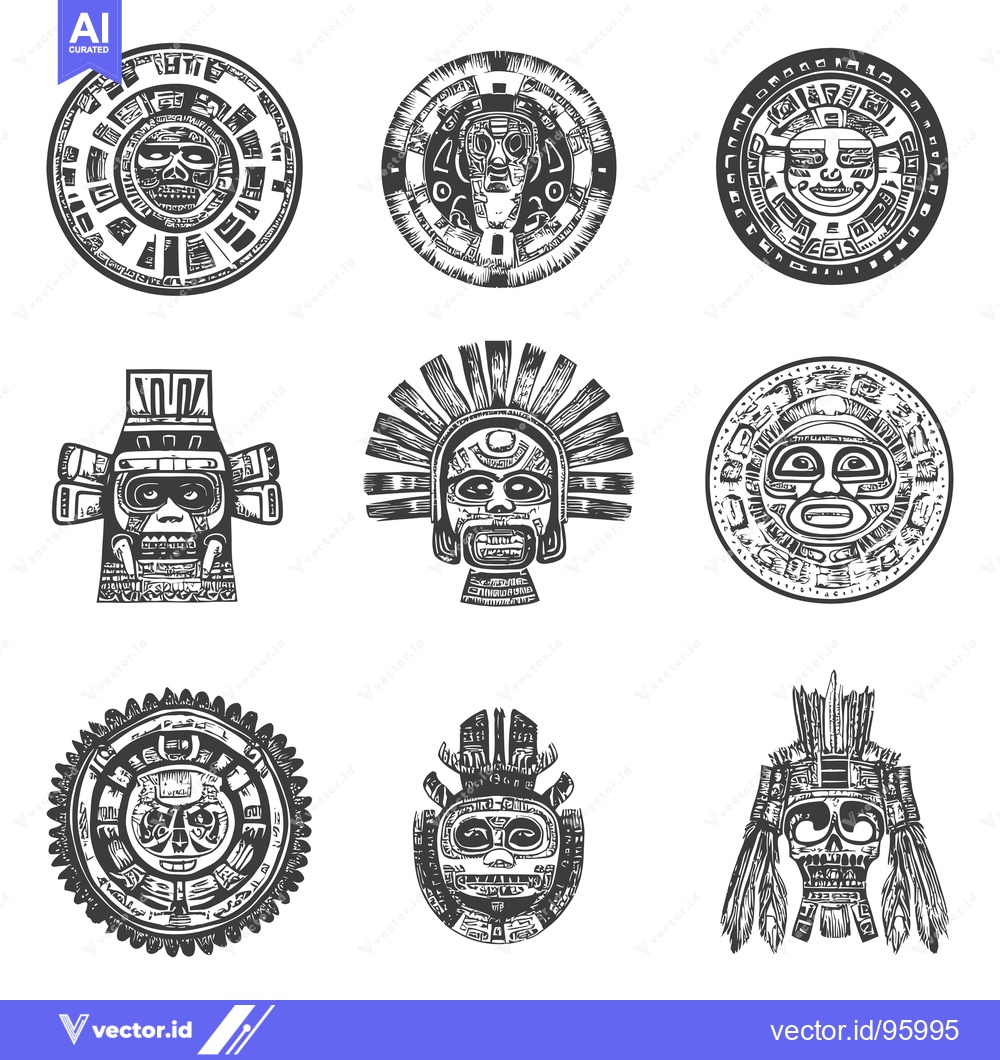 Premium Vector of Set of Ornate Aztec Skull and God Masks in Monochrome