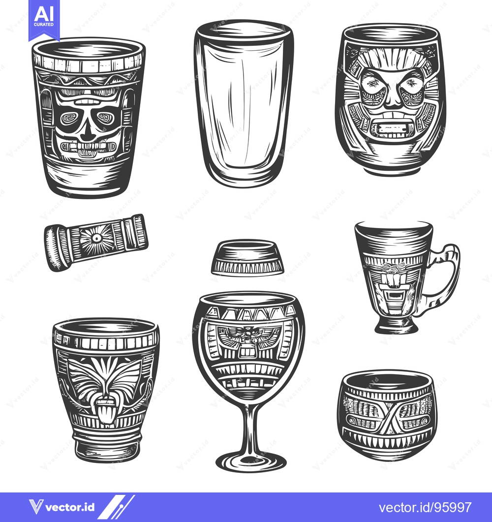 Premium Vector of Set of Ornate Drinking Vessels with Carved Faces