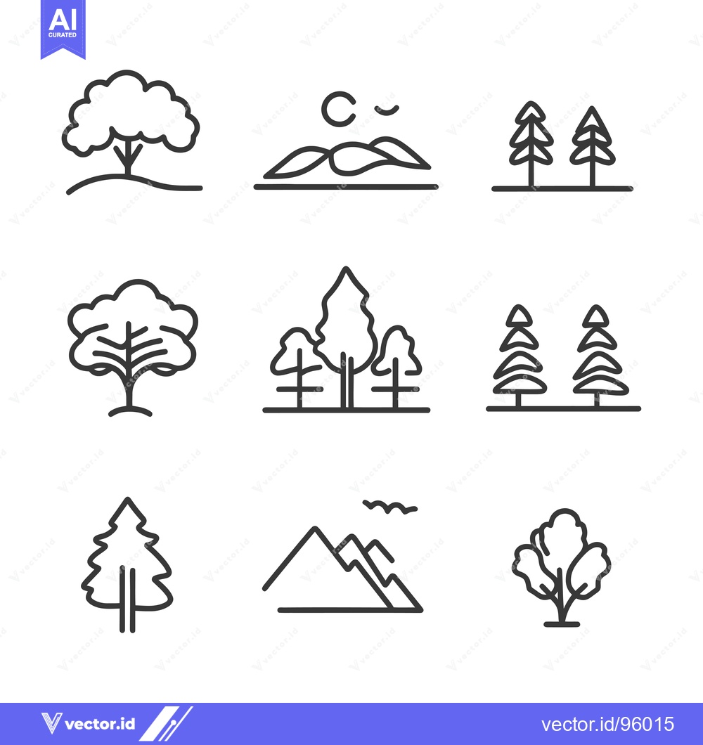 Premium Vector dari Set of Outline Icons Depicting Various Trees, Mountains, and Hills