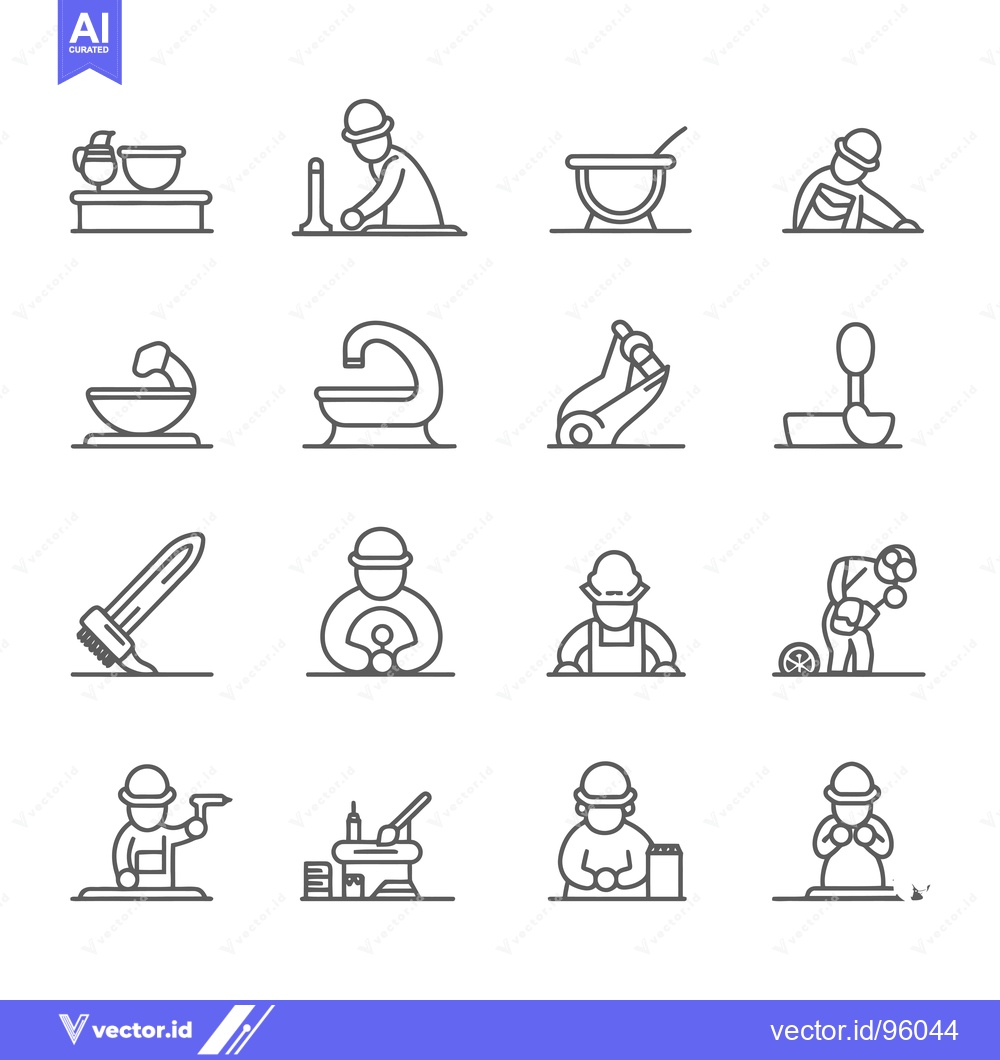 Premium Vector dari Set of Pottery Making Icons with Workers and Tools