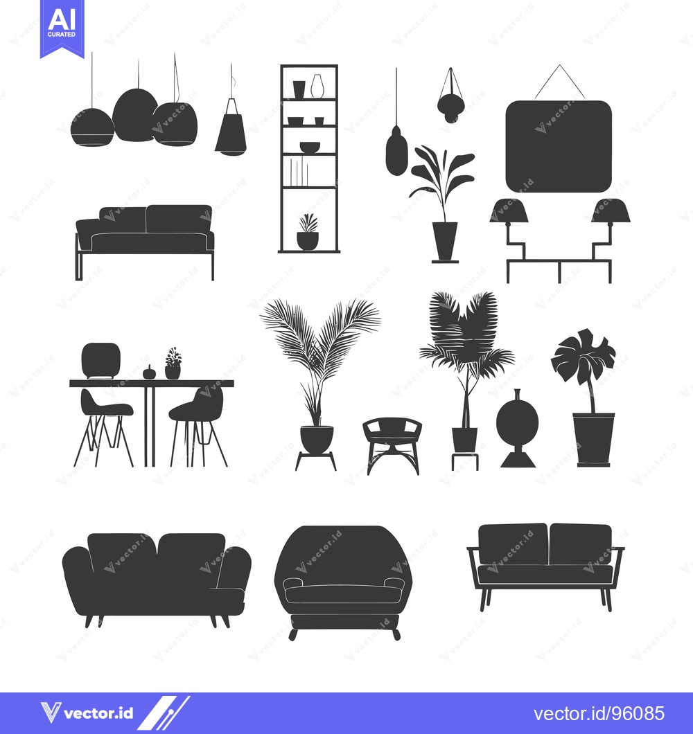Premium Vector of Set of Silhouette Icons of Home Furniture, Plants and Lighting