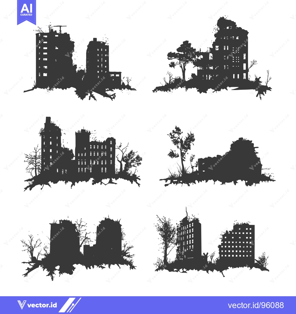 Premium Vector dari Set of Silhouette Illustrations of Abandoned and Ruined Buildings