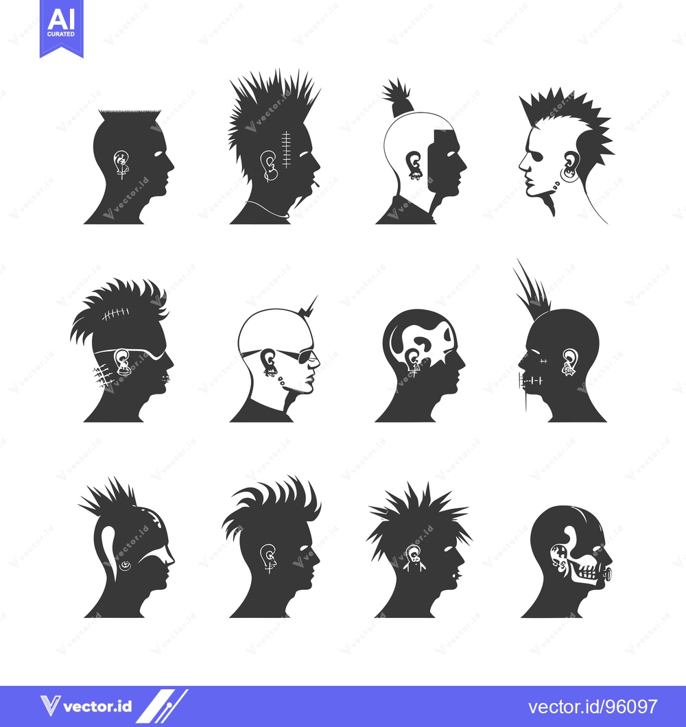 Premium Vector of Set of Silhouettes of Punk Rockers with Mohawks and Piercings
