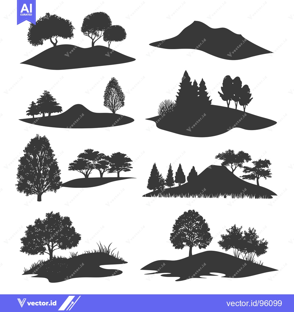 Premium Vector of Set of Silhouettes of Trees and Hills with White Background