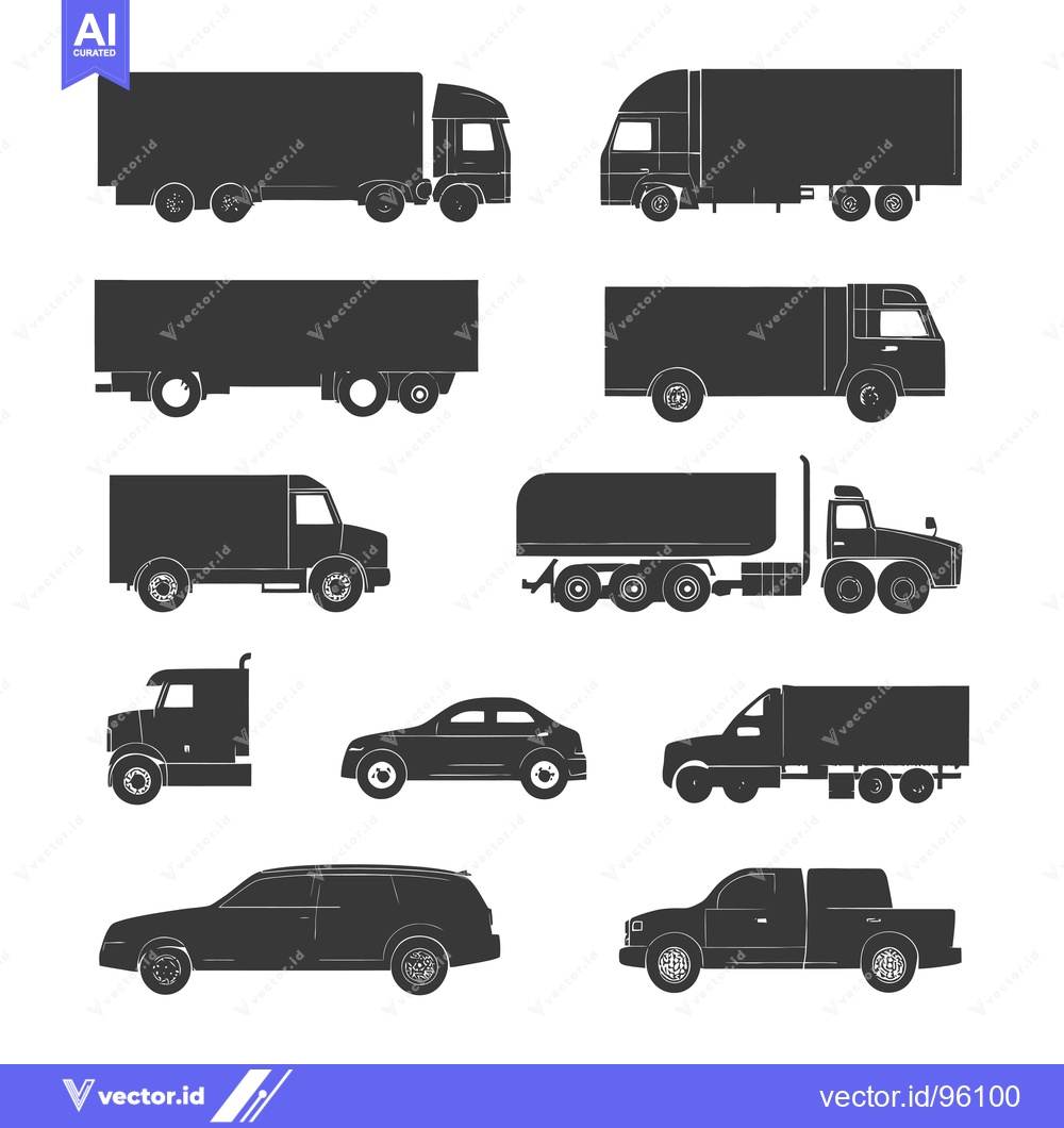 Premium Vector dari Set of Silhouettes of Various Types of Trucks, Cars, and Pickup Trucks
