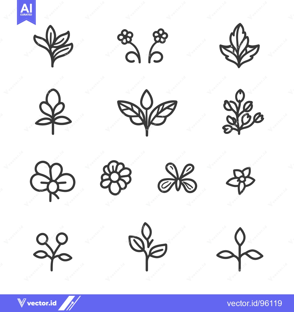 Premium Vector dari Set of Simple Line Flower and Leaf Icons