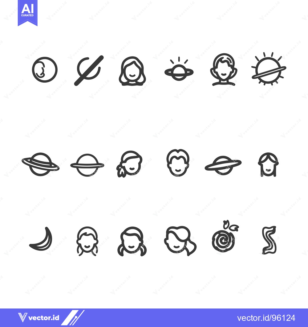Premium Vector dari Set of Simple Line Icons Featuring Faces, Planets, and Other Celestial