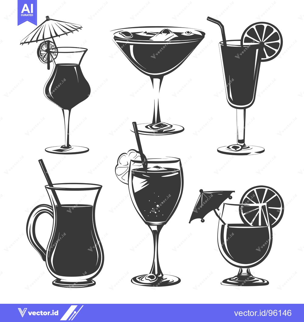 Premium Vector dari Set of Six Black and White Cocktail Glass Illustrations