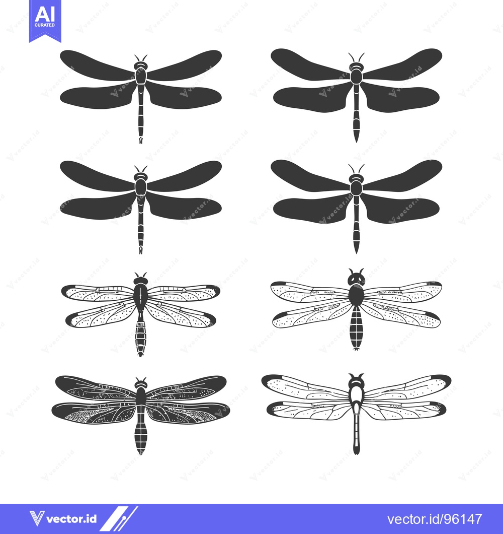 Premium Vector dari Set of Six Black and White Dragonfly Illustrations