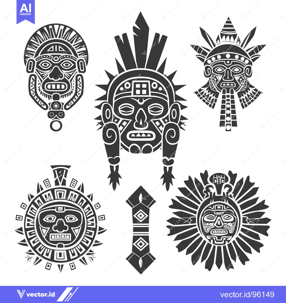 Premium Vector dari Set of Six Black and White Stylized Tribal Masks