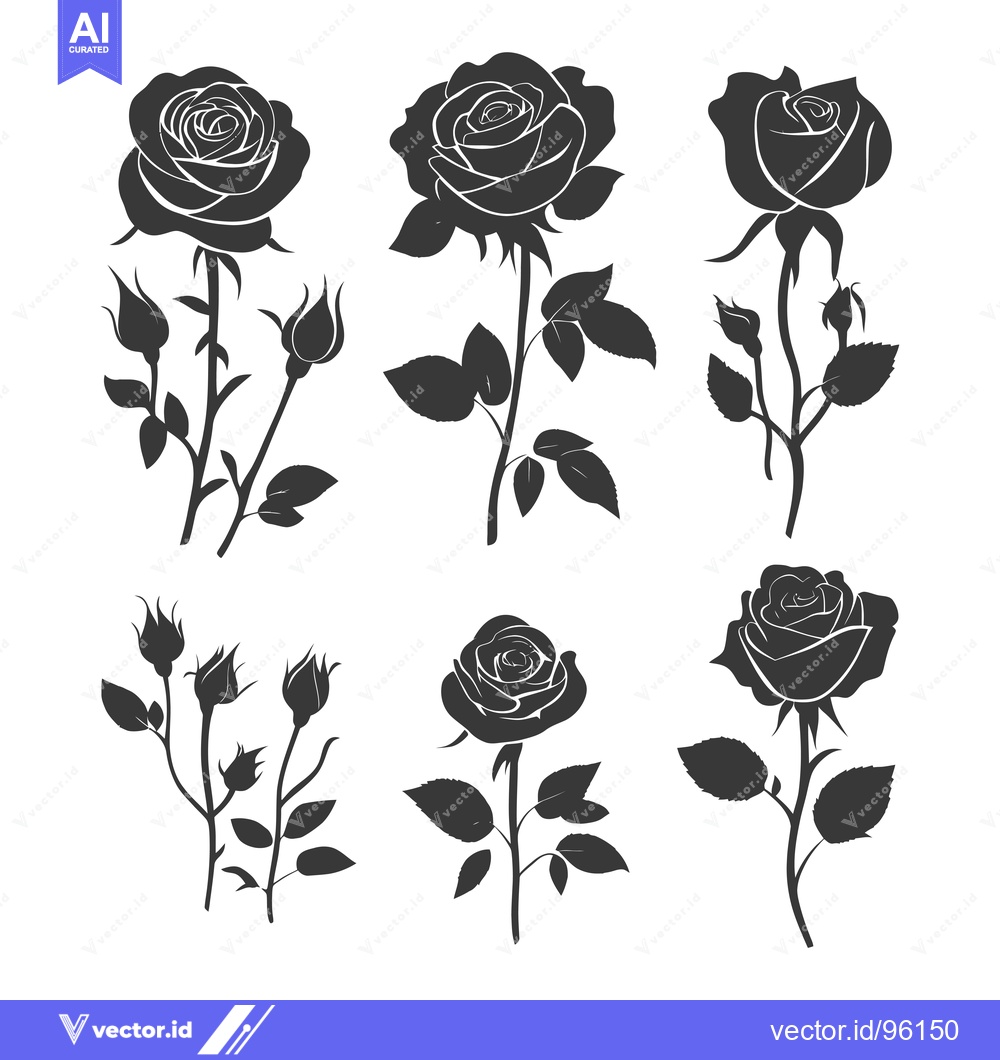 Premium Vector of Set of Six Black Silhouettes of Roses with Buds and Leaves