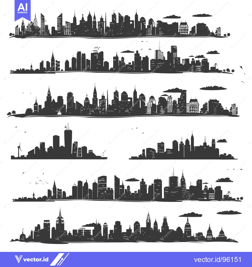 Premium Vector dari Set of six different cityscapes with silhouettes of skyscrapers and bu
