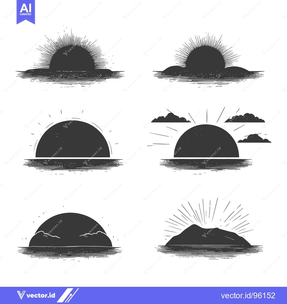 Premium Vector dari Set of six hand-drawn sunset illustrations with sun, horizon, and sky
