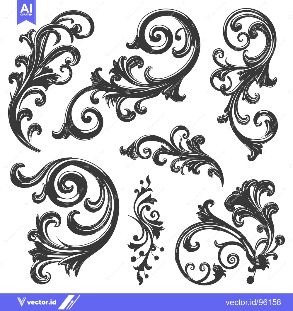 Premium Vector dari Set of six stylized floral motifs with swirls and leaves in a vintage