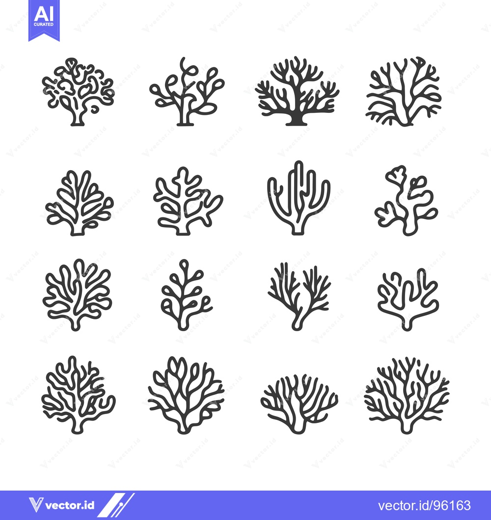 Premium Vector dari Set of Sixteen Black and White Coral Reef Outlines