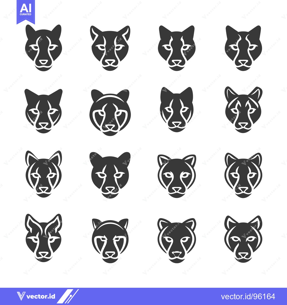 Premium Vector of Set of Sixteen Black and White Cougar Head Icons