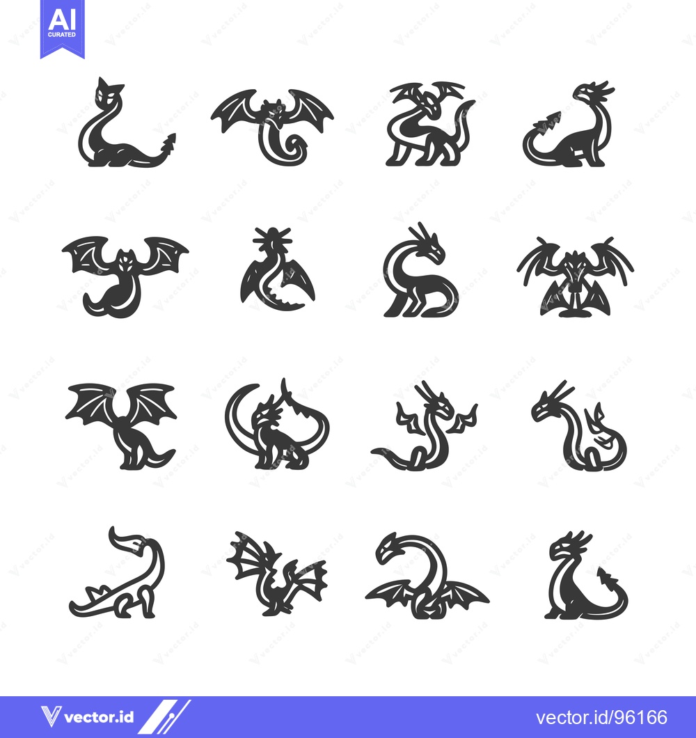 Premium Vector dari Set of Sixteen Black and White Dragon Illustrations