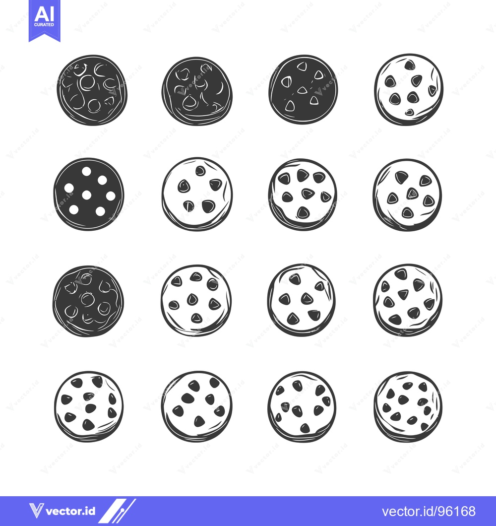 Premium Vector of Set of sixteen black and white hand-drawn cookies with chocolate chips
