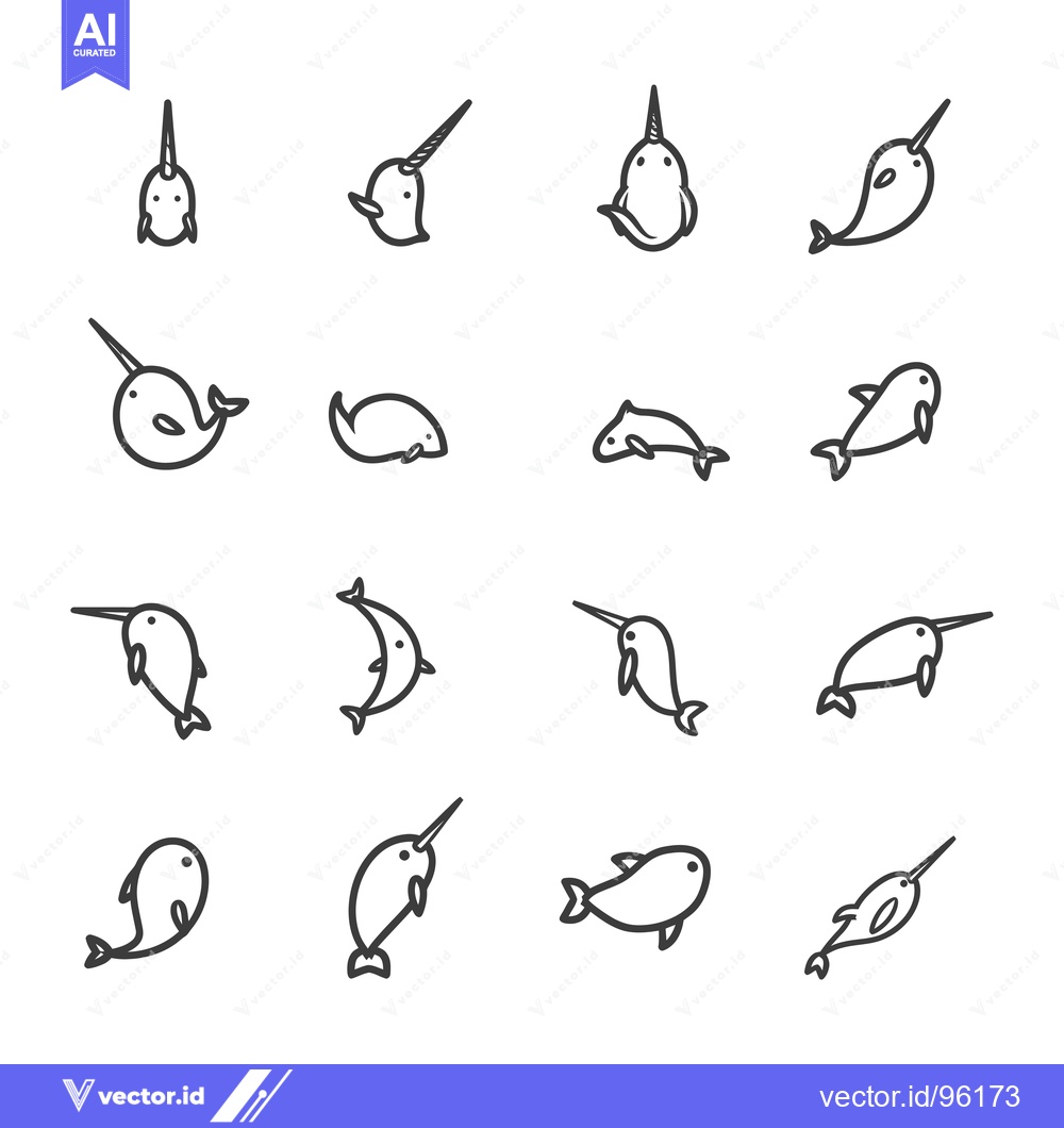 Premium Vector dari Set of sixteen black and white line drawings of narwhals in different