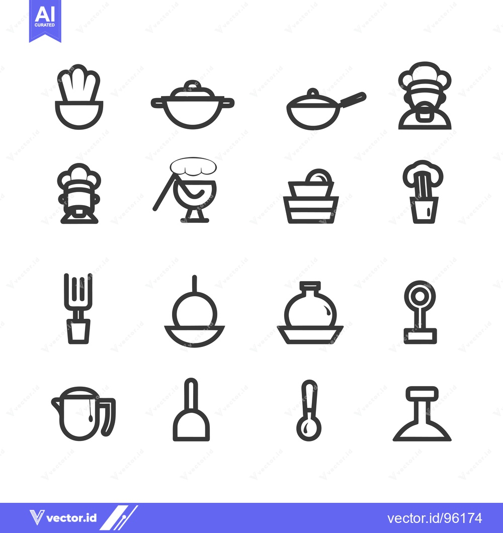 Premium Vector dari Set of Sixteen Black and White Line Icons for Kitchen Utensils and Too