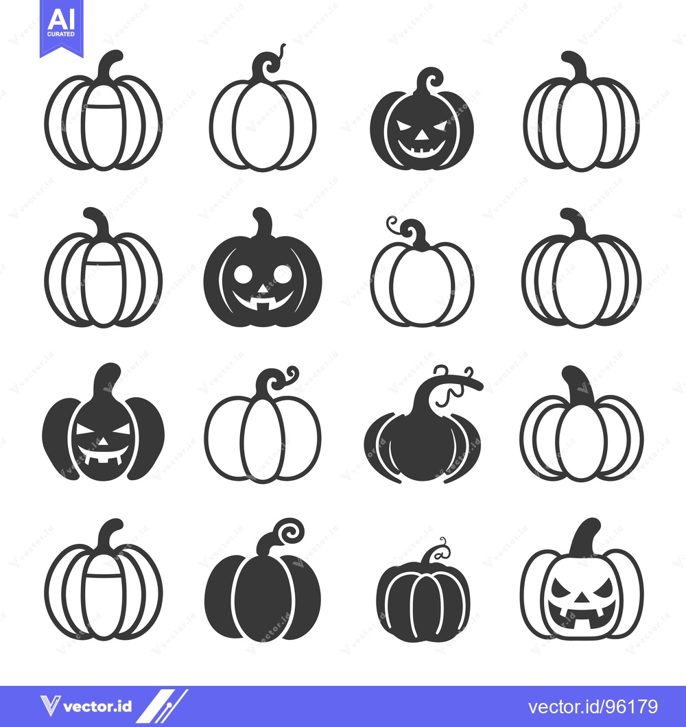 Premium Vector dari Set of Sixteen Black and White Pumpkin Icons