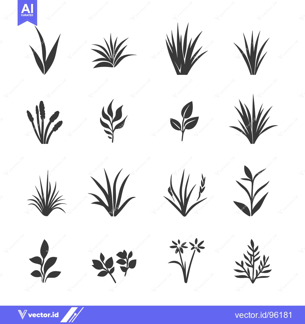 Premium Vector of Set of Sixteen Black and White Silhouette Grass Icons