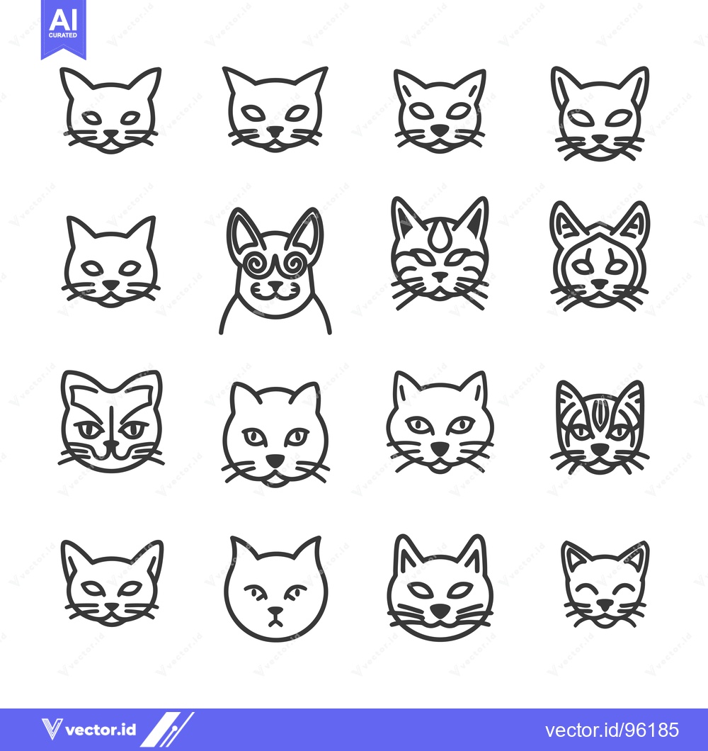 Premium Vector of Set of Sixteen Cat Face Line Icons in Black and White