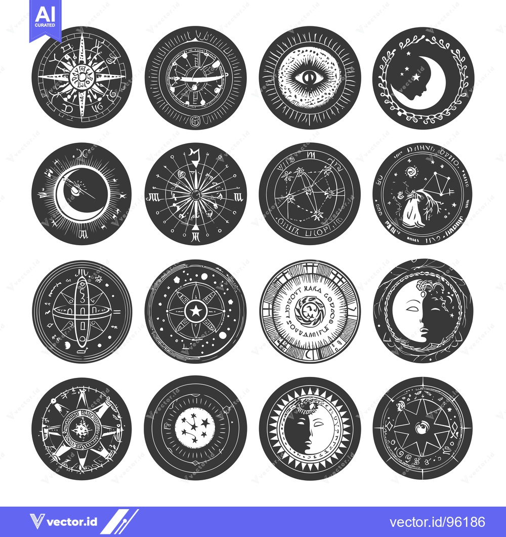 Premium Vector of Set of Sixteen Circular Designs Featuring Celestial and Astrological S