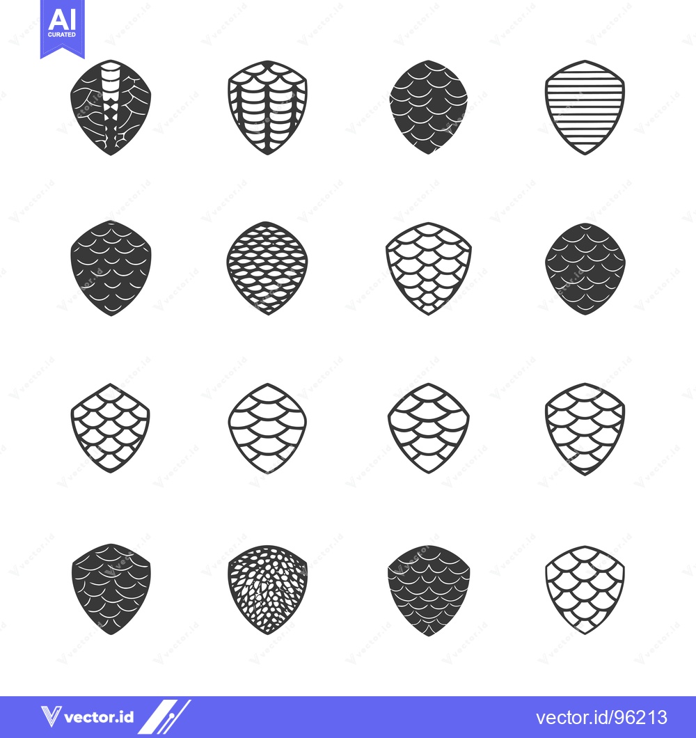 Premium Vector dari Set of Sixteen  Shield Icons with Various Scale Patterns