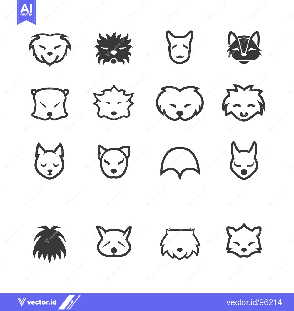 Premium Vector of Set of sixteen simple animal head icons in black and white