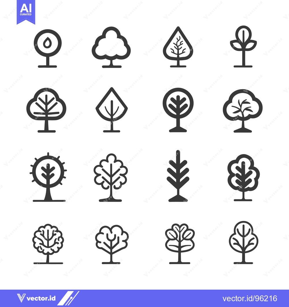 Premium Vector dari Set of Sixteen Simple Black and White Outline Tree Icons