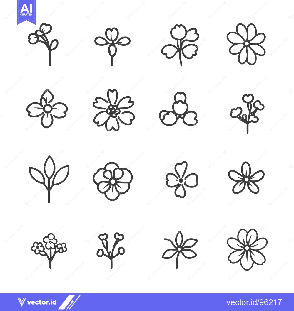 Premium Vector dari Set of Sixteen Simple Black Line Flower Icons