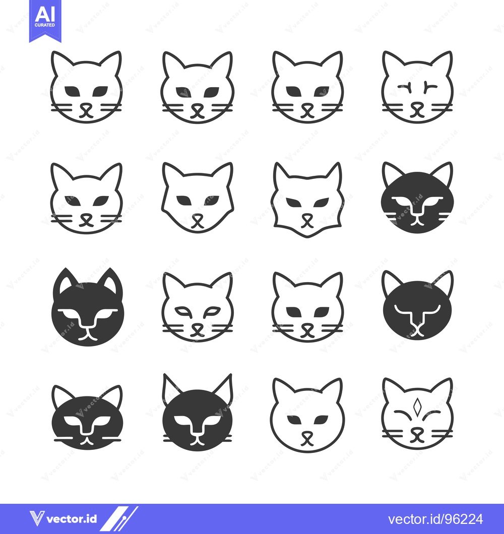 Premium Vector of Set of sixteen stylized cat head illustrations in black and white