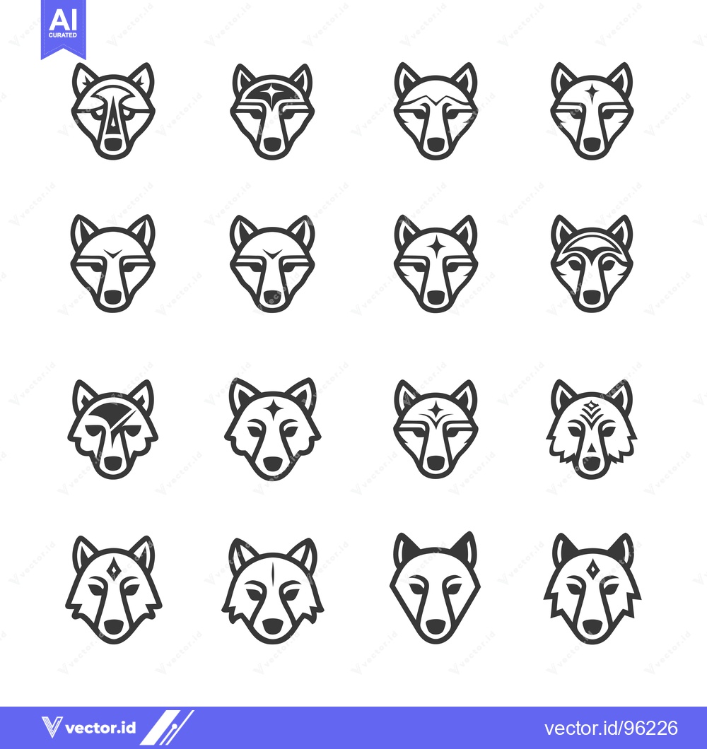 Premium Vector of Set of Sixteen Stylized Wolf Head Icons with Different Markings