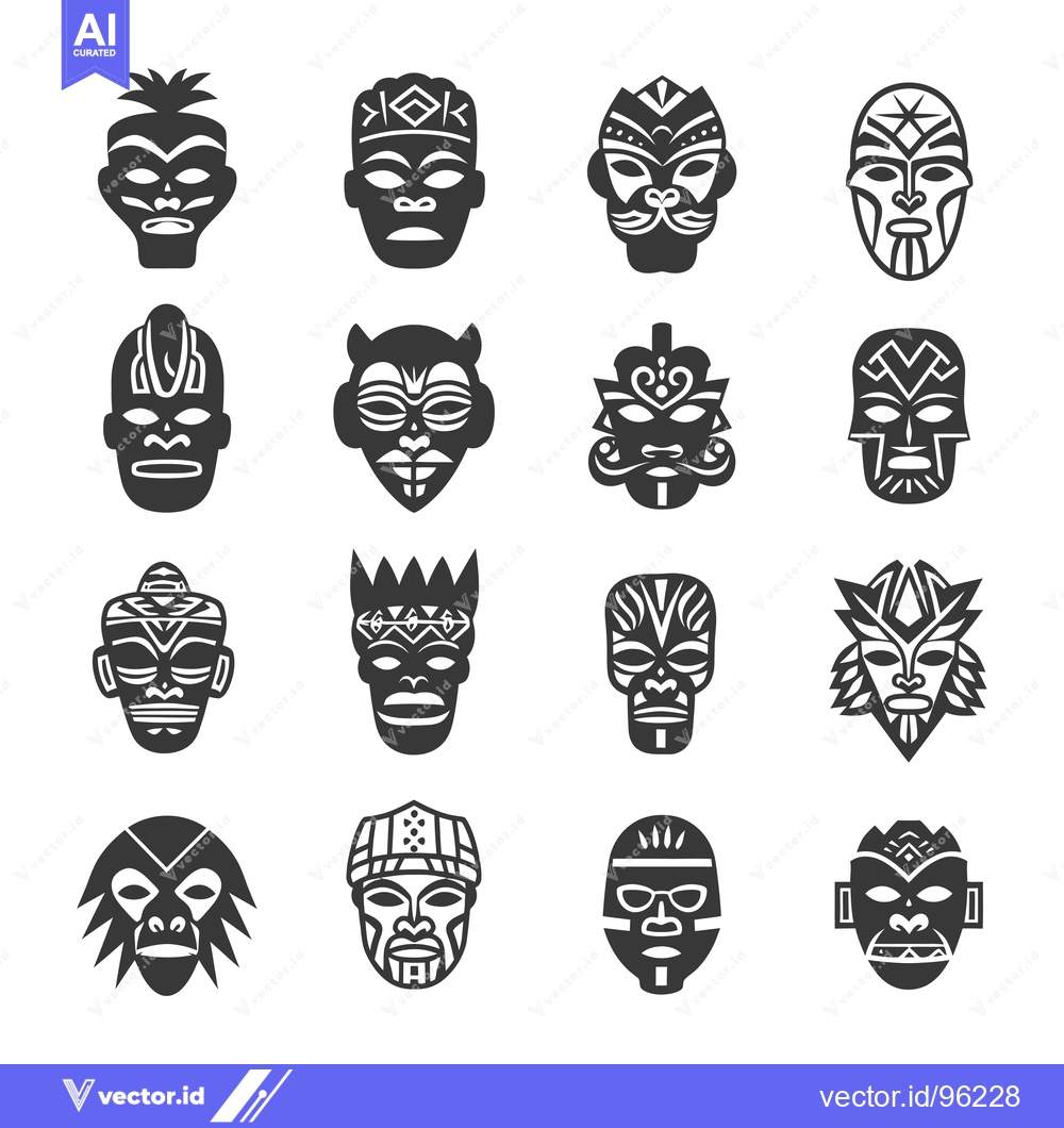 Premium Vector of Set of Sixteen Tribal Masks with Geometric Designs