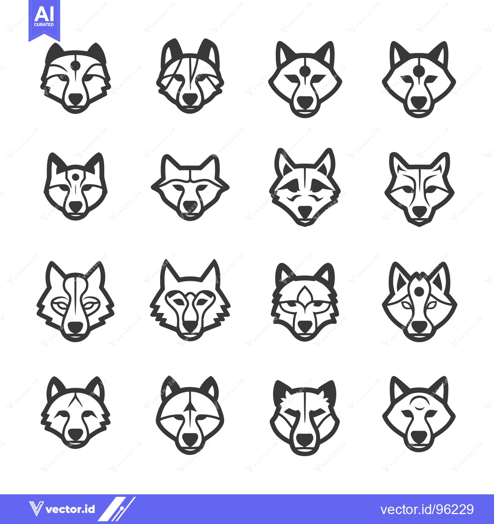Premium Vector dari Set of Sixteen Wolf Head Icons in Black and White