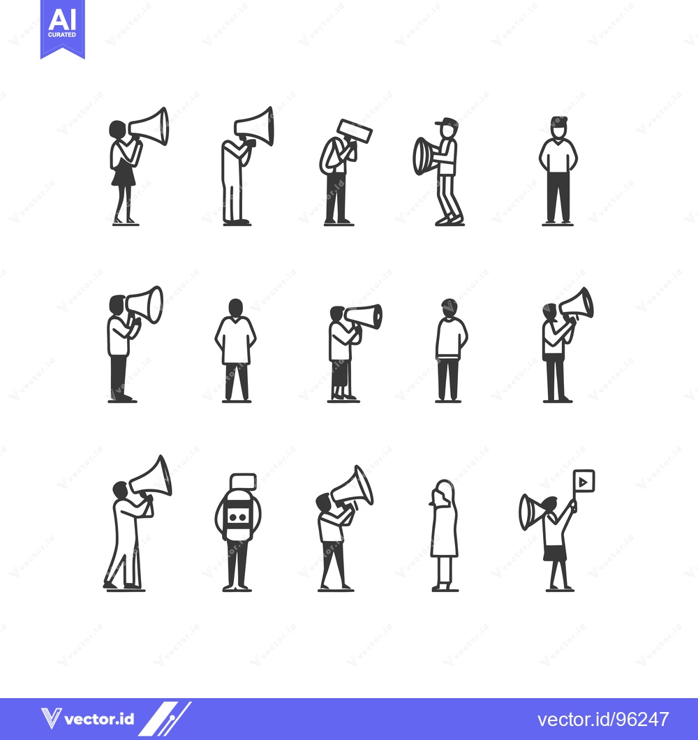 Premium Vector of Set of Stick Figures Holding Megaphones and a Play Button