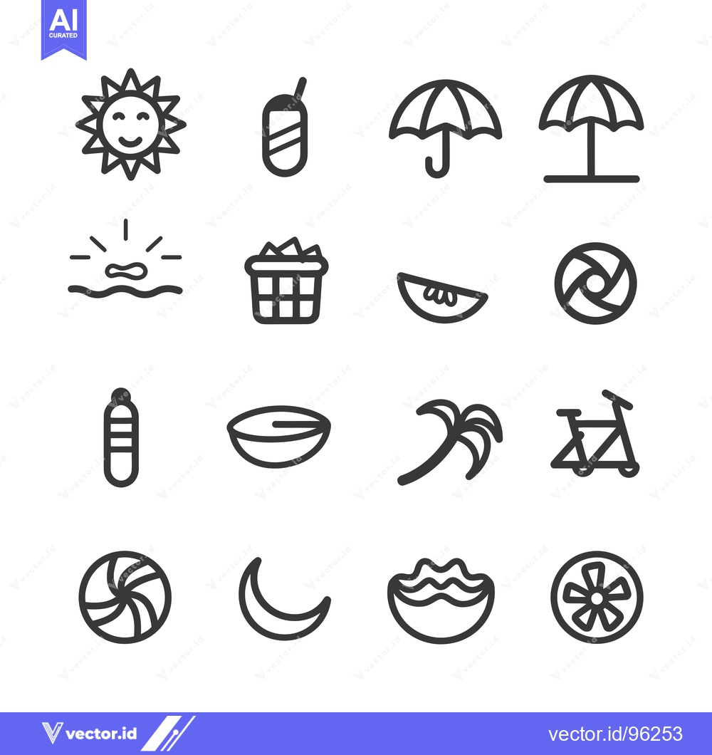 Premium Vector of Set of Summer Icons, including Sun, Drink, Umbrellas, and Beach Access