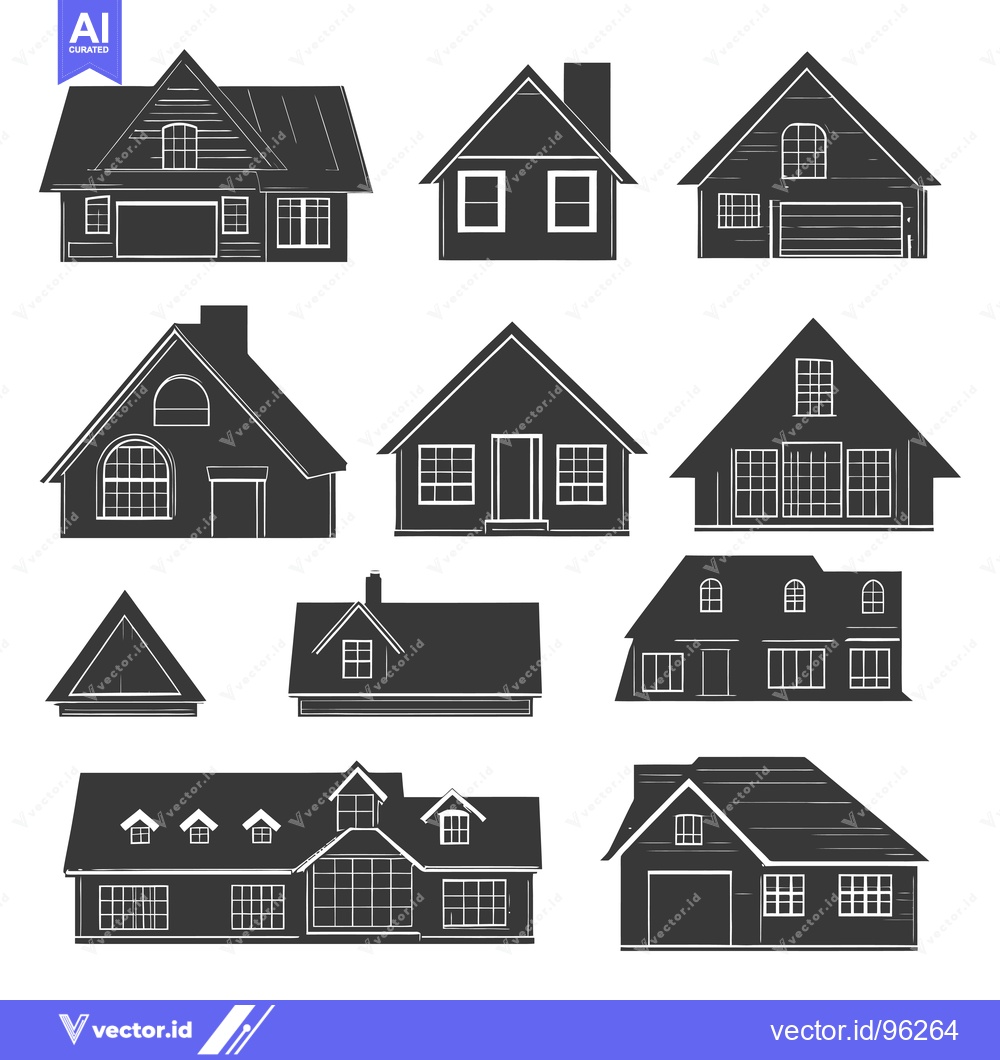 Premium Vector dari Set of Ten Black and White Silhouettes of Houses