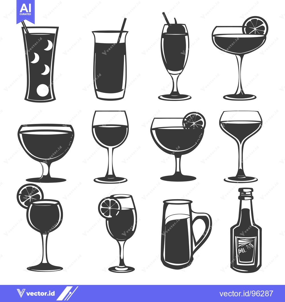 Premium Vector of Set of twelve black and white alcoholic beverage illustrations