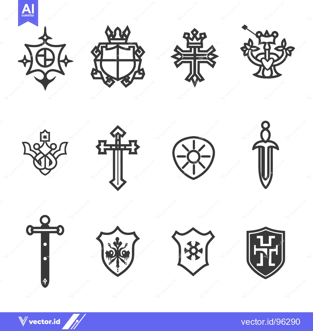 Premium Vector of Set of Twelve Black and White Medieval Heraldic Symbols