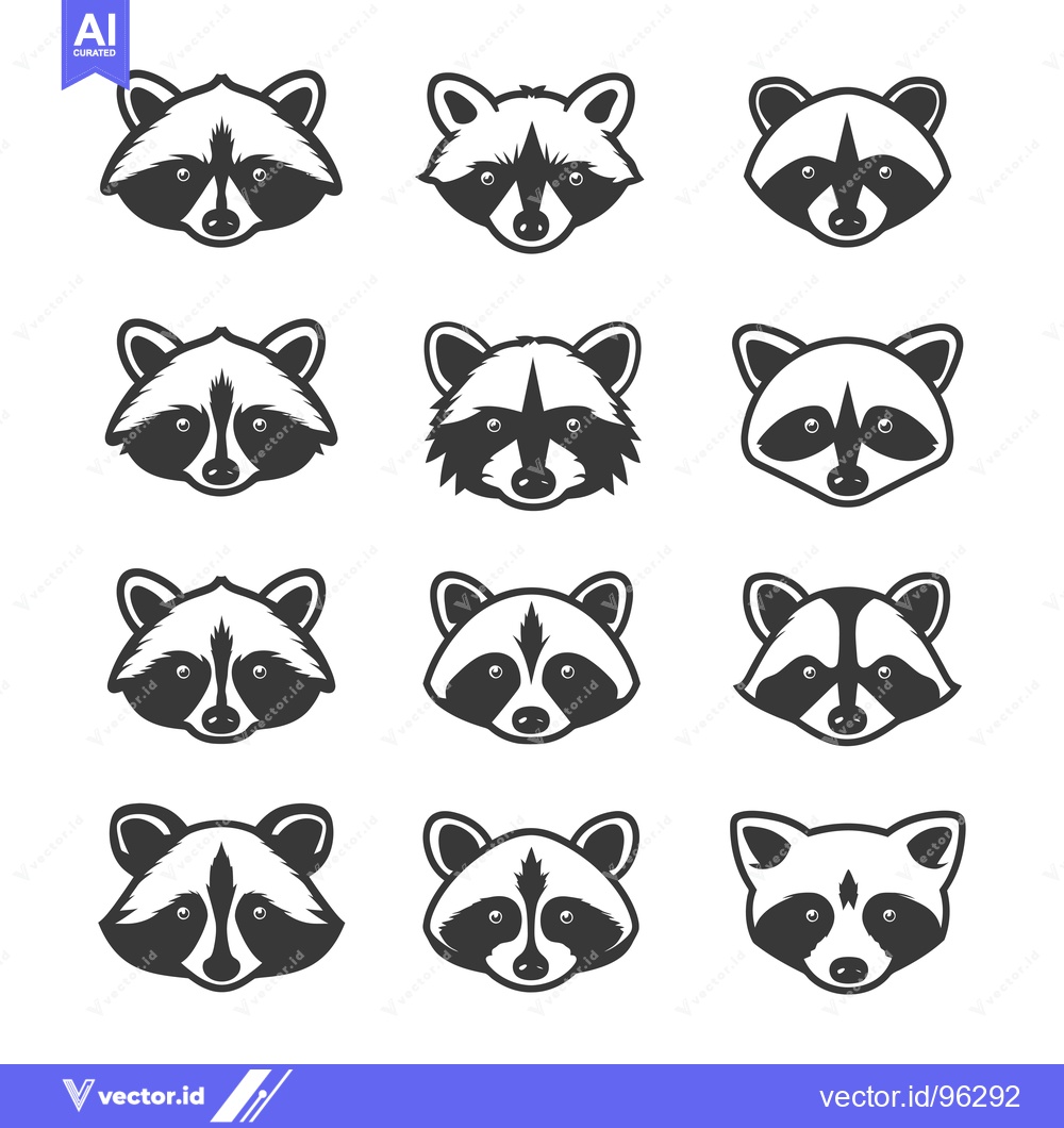 Premium Vector dari Set of twelve black and white raccoon face illustrations