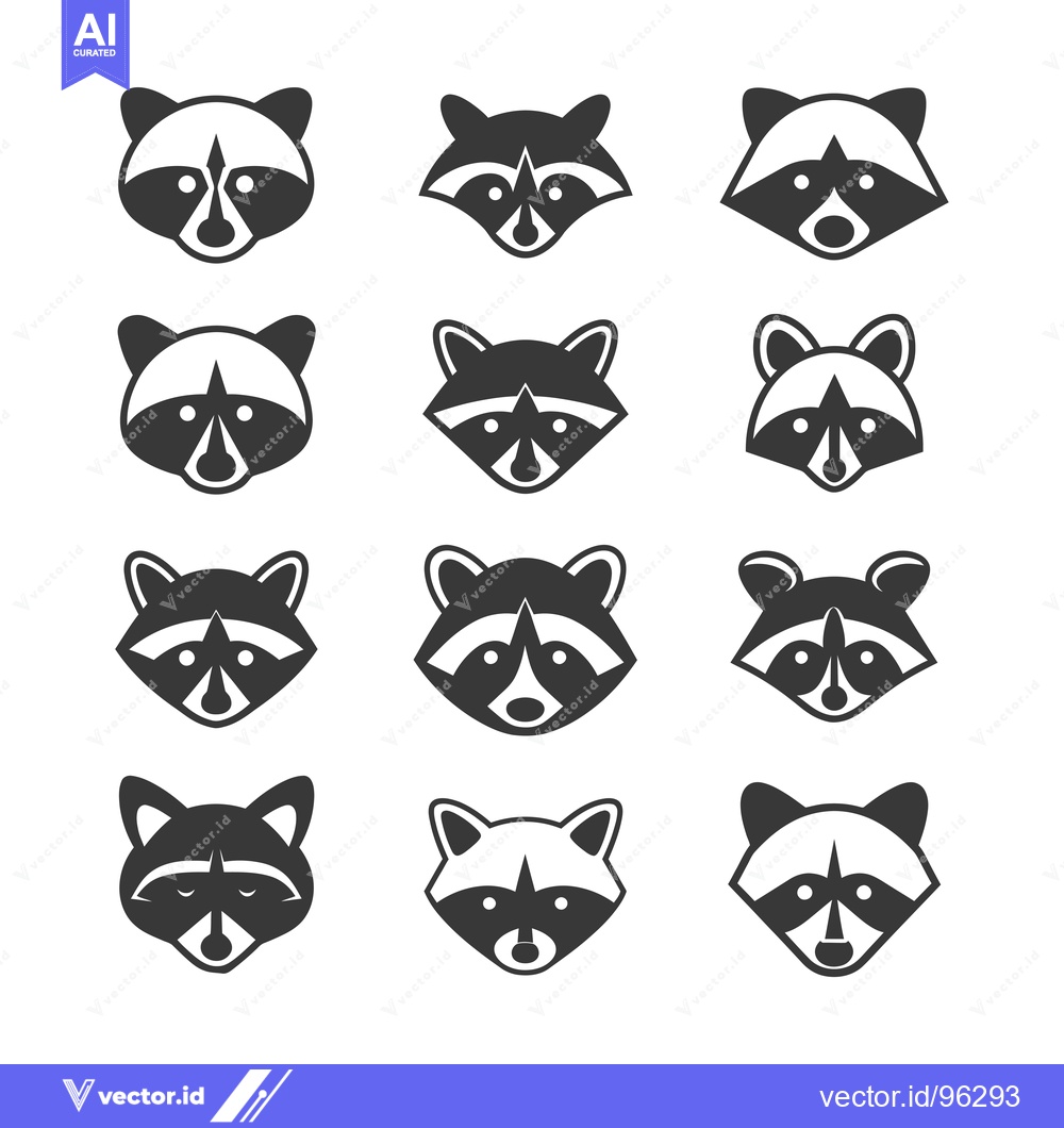 Premium Vector dari Set of twelve black and white raccoon faces