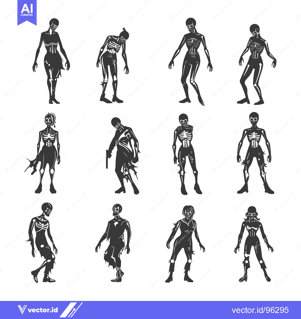 Premium Vector of Set of twelve black and white zombie silhouettes