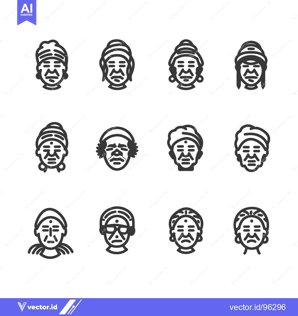 Premium Vector of Set of twelve black line icons depicting various elderly people wearin